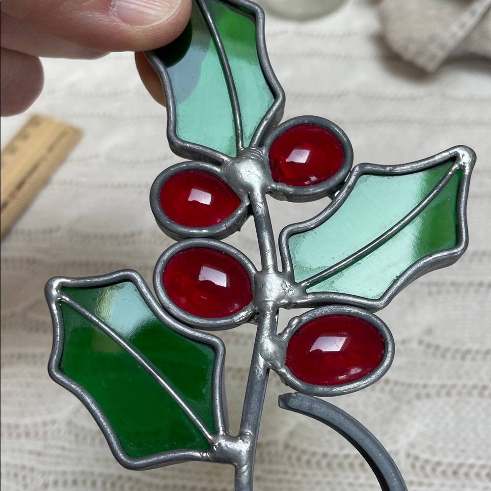 2002 signed Stain Glass Holly Ornament/Decoration 5”Hx3.25”w good condition.